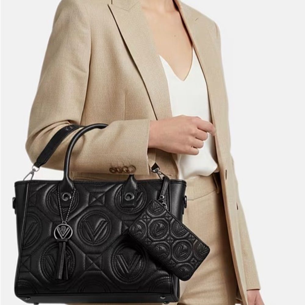 New!! Valentino Orlandi Black Vegan Leather Quilted Tote